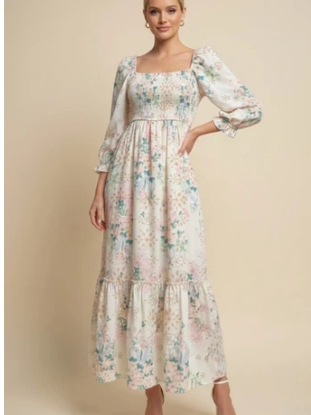Smocked Floral Maxi Dress - Cream Floral